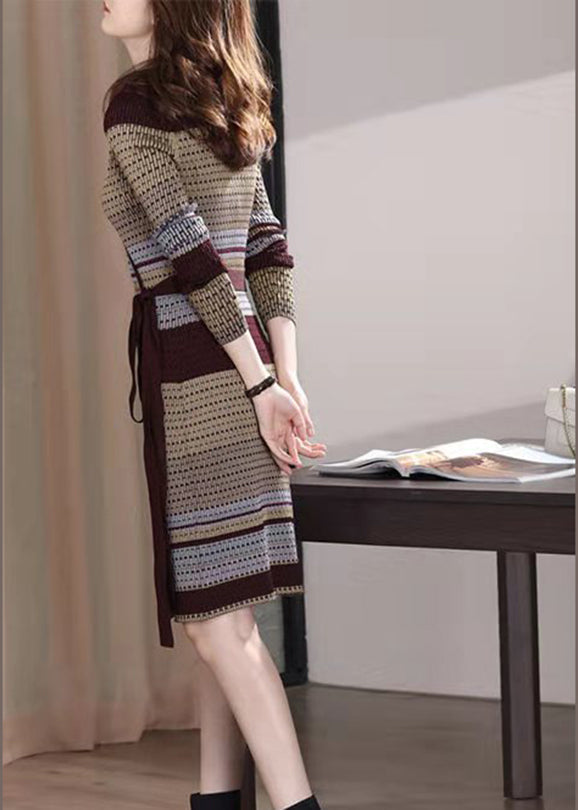 Slim Fit V Neck Print Tie Waist Knit Mid Dresses Long Sleeve