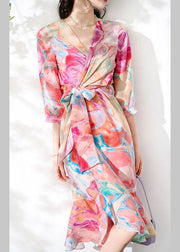 Slim Fit V Neck Print Tie Waist Silk Maxi Dresses Long Sleeve