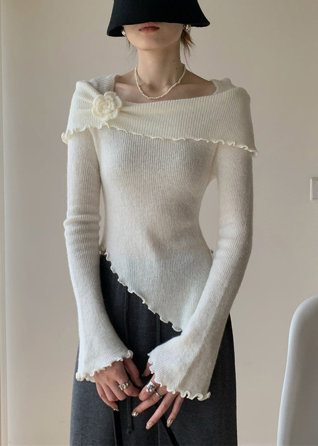 Slim Fit White Asymmetrical Knitting Cotton Sweaters Spring