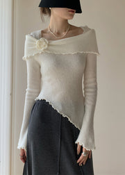 Slim Fit White Asymmetrical Knitting Cotton Sweaters Spring