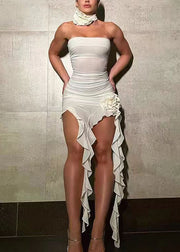 Slim Fit White Asymmetrical Ruffled Tulle Dresses Sleeveless