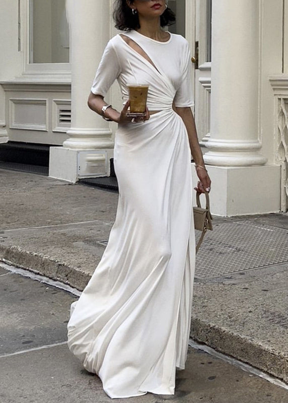 Slim Fit White Asymmetrical Wrinkled Side Open Holiday Long Dress Short Sleeve