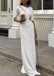 Slim Fit White Asymmetrical Wrinkled Side Open Holiday Long Dress Short Sleeve