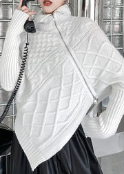 Slim Fit White Turtleneck Asymmetrical Zippered Cozy Thick Knit Sweater Winter