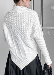 Slim Fit White Turtleneck Asymmetrical Zippered Cozy Thick Knit Sweater Winter