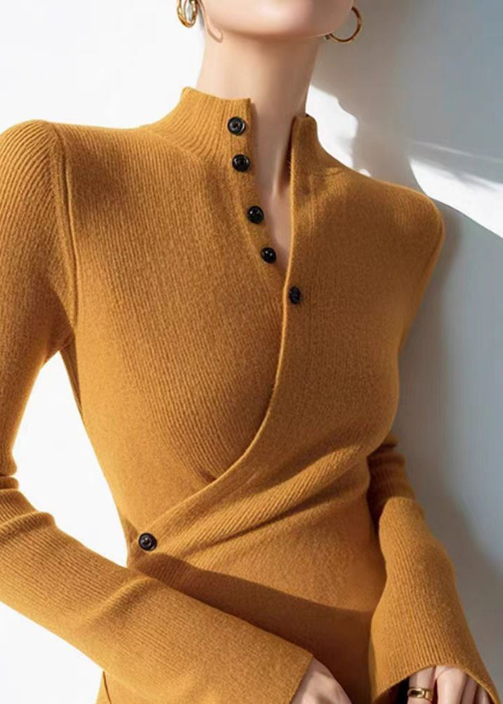 Slim Fit Yellow V Neck Wrinkled Cotton Knit Sweaters Spring