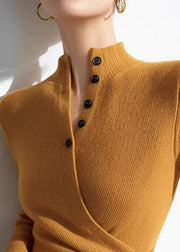 Slim Fit Yellow V Neck Wrinkled Cotton Knit Sweaters Spring