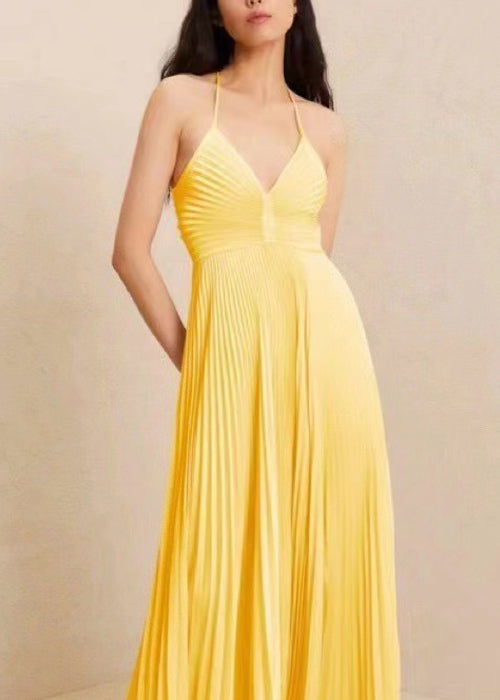 Slim Fit Yellow V Neck Wrinkled Cotton Spaghetti Strap Dress Sleeveless