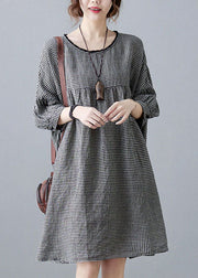 Small Plaid Patchwork Linen Mid Dress O Neck Wrinkled Summer