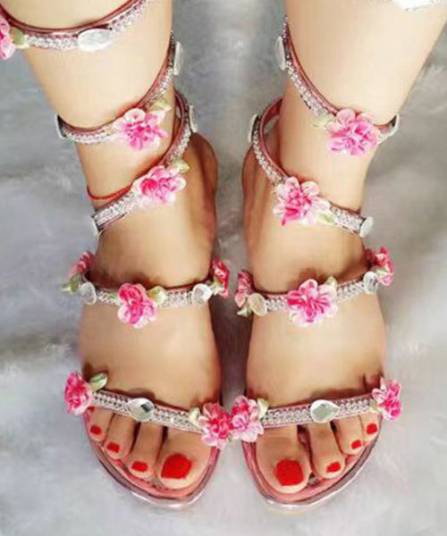 Snake Shaped Entangled Flower Rhinestone Roman Flat Sexy Sandals