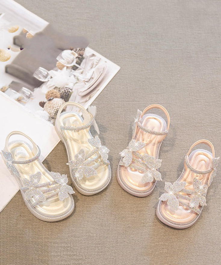 Soft Beige Zircon Peep Toe Buckle Strap Girls Walking Sandals