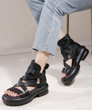 Soft Black Chunky Cowhide Leather Cross Strap Sandals