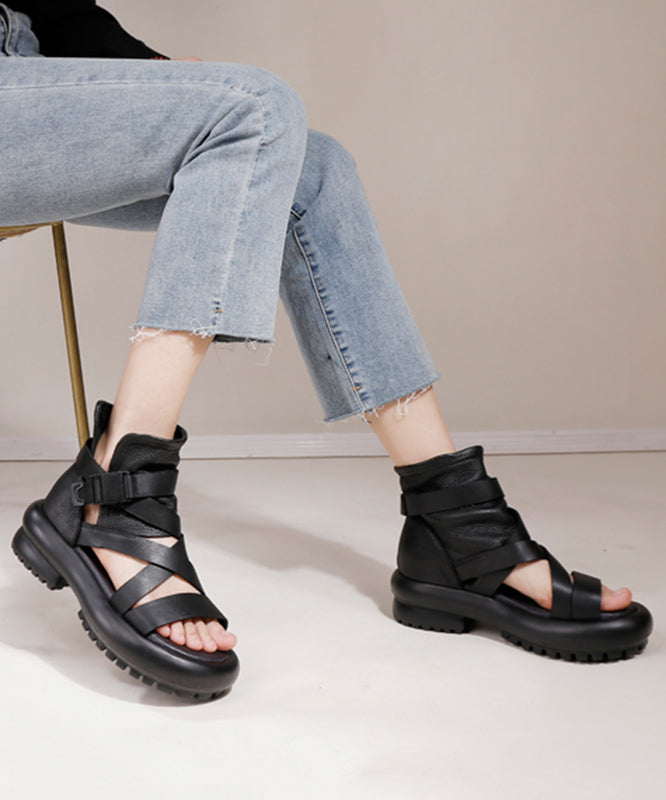 Soft Black Chunky Cowhide Leather Cross Strap Sandals