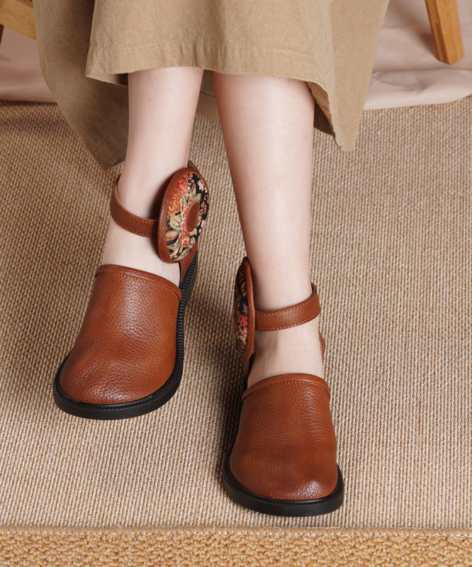 Soft Brown Cowhide Flower Splicing Leather Sandals