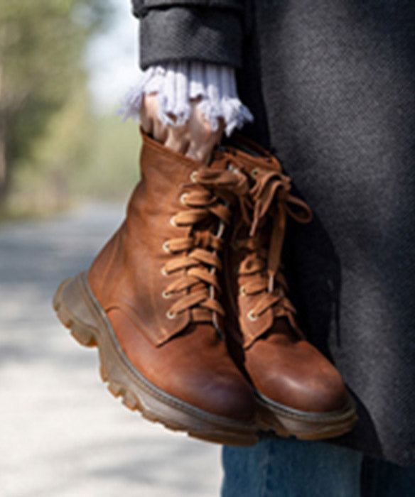 Soft Brown Cowhide Leather Splicing Lace Up Boots