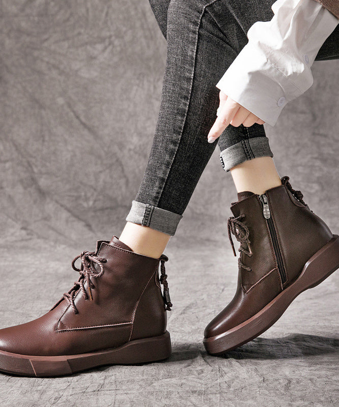 Soft Brown Platform Cowhide Leather Lace Up Boots