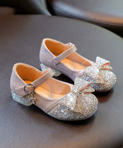 Soft Silvery Bow Zircon Faux Leather Buckle Strap Kids Crystal Flat Shoes