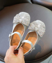 Soft Silvery Bow Zircon Faux Leather Buckle Strap Kids Crystal Flat Shoes