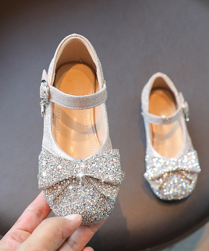 Soft Silvery Bow Zircon Faux Leather Buckle Strap Kids Crystal Flat Shoes