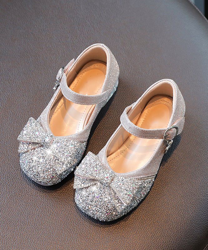 Soft Silvery Bow Zircon Faux Leather Buckle Strap Kids Crystal Flat Shoes