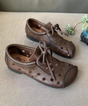 Soft Splicing Walking Sandals Hollow Out Lace Up Brown Cowhide Leather