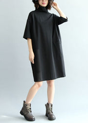 Solid Black Cotton Dress High Neck Half Sleeve