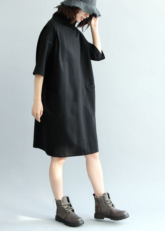 Solid Black Cotton Dress High Neck Half Sleeve