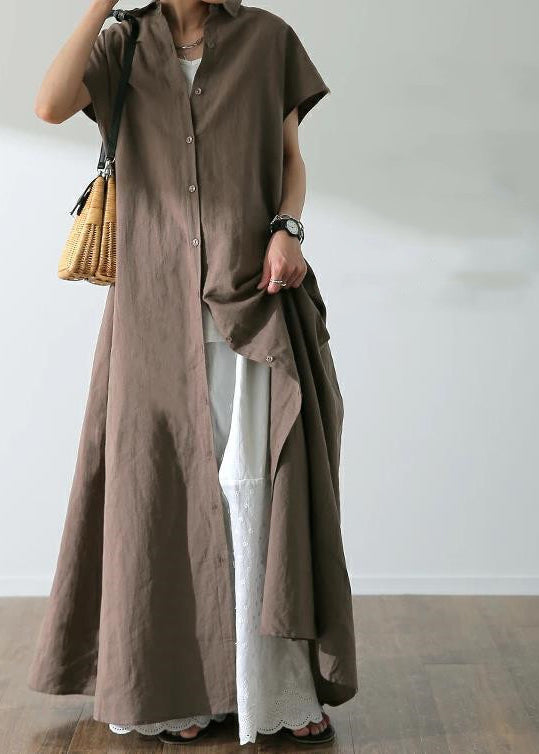 Solid Button Lapel Ruched Short Sleeve Maxi Shirt Dress Coffee