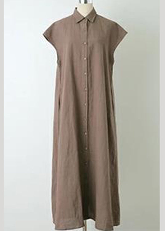 Solid Button Lapel Ruched Short Sleeve Maxi Shirt Dress Coffee