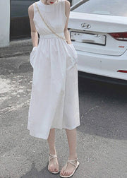 Solid Button Pocket Drawstring Show Waist Sleeveless Maxi Dress