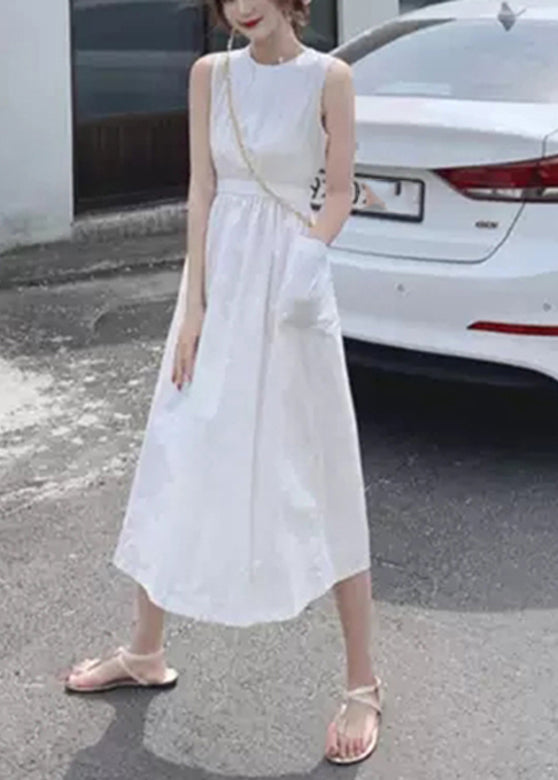 Solid Button Pocket Drawstring Show Waist Sleeveless Maxi Dress