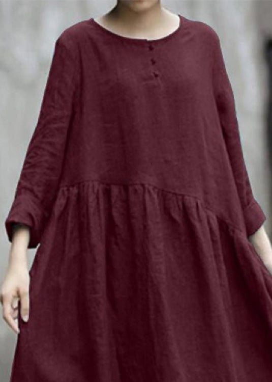 Solid Color Black Cotton Linen Long Sleeve Swing Long Dress