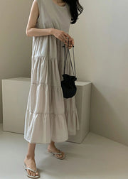 Solid Color Sleeveless V-neck Pleated Layered Lace Up Daily Casual Maxi Dress Apricot