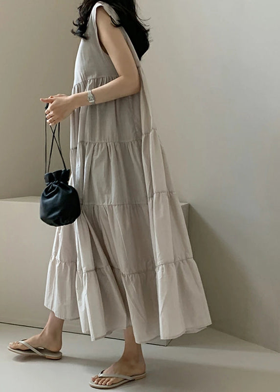 Solid Color Sleeveless V-neck Pleated Layered Lace Up Daily Casual Maxi Dress Apricot