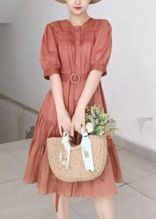 Solid Color Stand Collar Puff Sleeve Belted Pleated Shirt Maxi Dress Orange