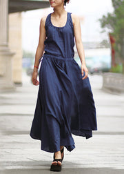 Solid Drawstring Ruched Sleeveless Casual Maxi Dress Navy