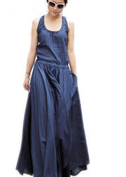 Solid Drawstring Ruched Sleeveless Casual Maxi Dress Navy