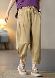 Solid Khaki Pockets Cotton Crop Pants High Waist Spring