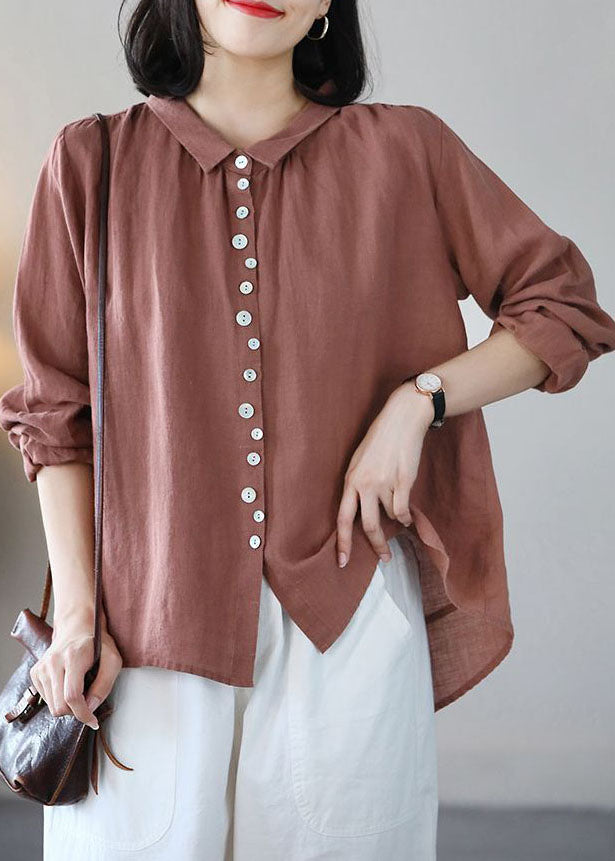 Solid Pink Linen Blouse Top Turn-down Collar Button Long Sleeve