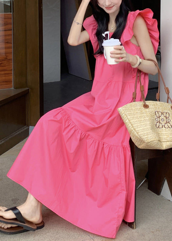 Solid Ruffle Backless Square Collar Casual Maxi Dress Pink