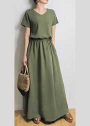 Solid Sash Elastic Waist Short Sleeve Casual Maxi Dress Green