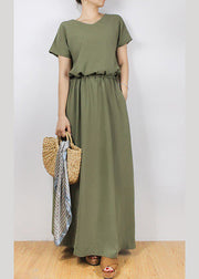 Solid Sash Elastic Waist Short Sleeve Casual Maxi Dress Green