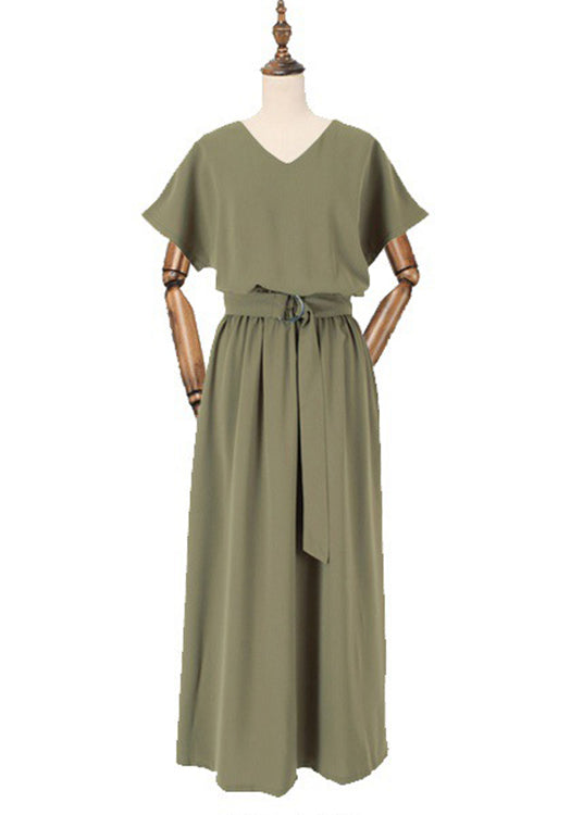 Solid Sash Elastic Waist Short Sleeve Casual Maxi Dress Green