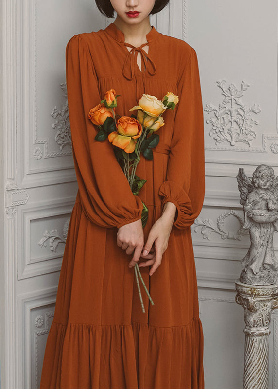 Solid Slit Tie Front Long Sleeve V Neck Casual Dress Caramel