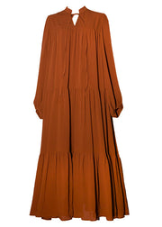 Solid Slit Tie Front Long Sleeve V Neck Casual Dress Caramel