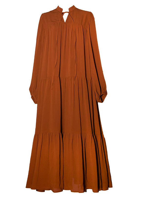 Solid Slit Tie Front Long Sleeve V Neck Casual Dress Caramel