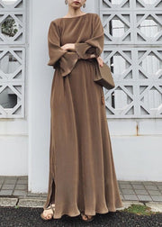 Solid Split Long Sleeve Round Neck Casual Maxi Dress Chocolate