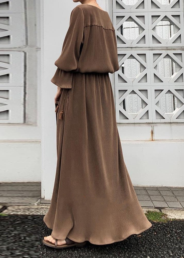 Solid Split Long Sleeve Round Neck Casual Maxi Dress Chocolate