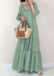 Solid Square Collar Ruffle Casual Maxi Dress Light Green