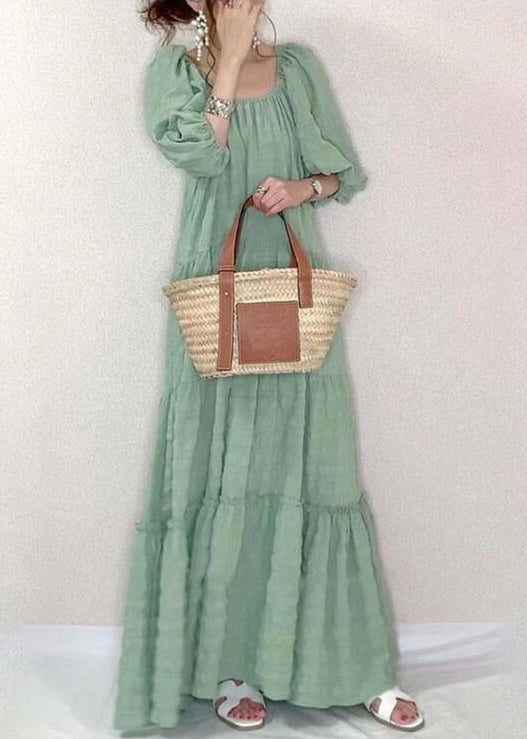 Solid Square Collar Ruffle Casual Maxi Dress Light Green